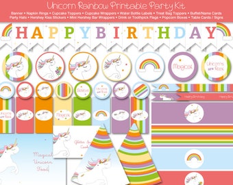 Unicorn Rainbow Printable Party Kit, Instant Download, Editable