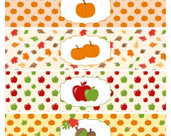 Fall Autumn Printable Water Bottle Labels, Napkin Rings, Instant Download, Pumpkins, Leaves, Apples, Acorns, Thanksgiving, Halloween