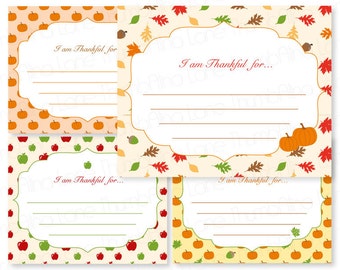 Fall Autumn Printable I'm Thankful For Cards, Instant Download, Pumpkins, Leaves, Apples, Acorns, Thanksgiving