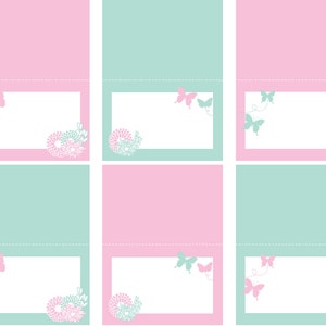 May include: Nine printable place cards with a pink and green colour scheme. Each card features a butterfly and floral design.