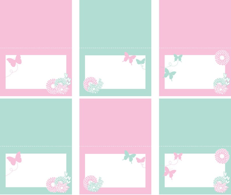 May include: Nine printable place cards with a pink and green colour scheme. Each card features a butterfly and floral design.
