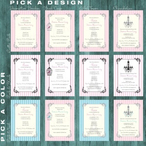 May include: Nine printable bridal shower invitation designs featuring a pink and white striped background with different Parisian themed illustrations: a birdcage, Eiffel Tower, and chandelier. The text on the invitations reads "Join us in celebration of the bride-to-be, Jessica Marie Long".