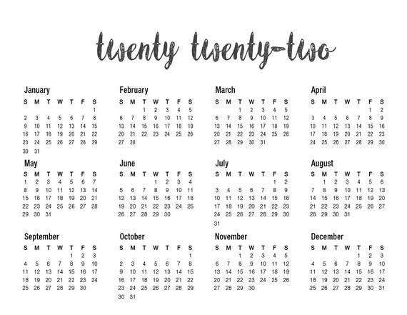 2022 printable calendar instant download 8 5 x11 black and etsy