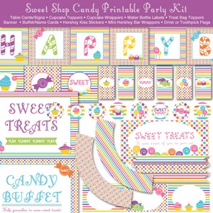 Puede incluir: Kit de fiesta imprimible con tem&aacute;tica de dulces. El kit incluye tarjetas de mesa, adornos para cupcakes, envoltorios para cupcakes, etiquetas para botellas de agua, adornos para bolsas de golosinas, pancarta, tarjetas de buffet/nombre, pegatinas de Hershey Kiss, envoltorios para mini barras Hershey y banderas para bebidas o palillos de dientes. El dise&ntilde;o presenta un tema de dulces colorido con rayas, lunares e im&aacute;genes de dulces.