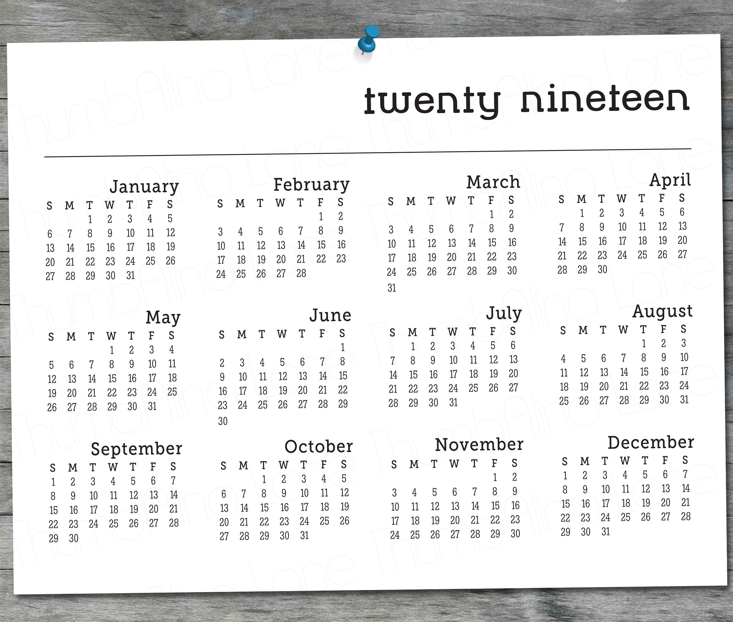 2019 Printable Calendar Instant Download 8 5 X11 Black And