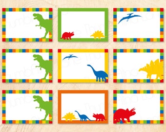 May include: Nine printable dinosaur-themed gift tags with colourful borders. Each tag features a different dinosaur silhouette, including a T-Rex, a stegosaurus, and a pterodactyl.