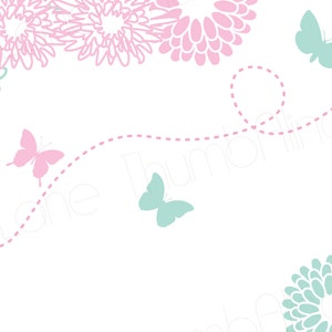 K&ouml;nnte beinhalten: Ein wei&szlig;er Hintergrund mit einem rosa und gr&uuml;nen Blumendesign. Rosa und gr&uuml;ne Schmetterlinge fliegen entlang einer gepunkteten rosa Linie.
