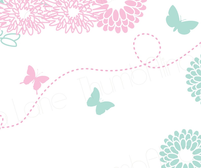 K&ouml;nnte beinhalten: Ein wei&szlig;er Hintergrund mit einem rosa und gr&uuml;nen Blumendesign. Rosa und gr&uuml;ne Schmetterlinge fliegen entlang einer gepunkteten rosa Linie.
