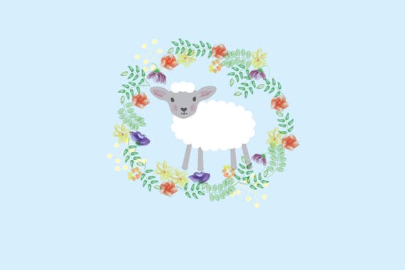 Digital Design Digital Files Watercolor Art| Cute Sheep with Flower Wreath File Instant Download