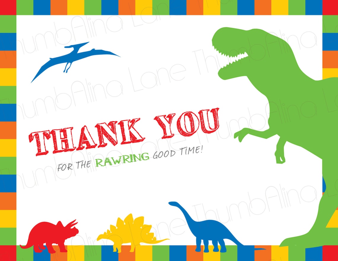 Dinosaur Printable Thank You Note Card, Instant Download, DIY, Trex, Rawr, Roar Etsy