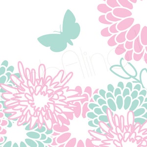 K&ouml;nnte beinhalten: Eine digitale Illustration von rosa und t&uuml;rkisfarbenen Blumen mit einem t&uuml;rkisfarbenen Schmetterling in der oberen rechten Ecke. Der Hintergrund ist wei&szlig;.