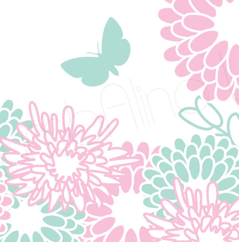 K&ouml;nnte beinhalten: Eine digitale Illustration von rosa und t&uuml;rkisfarbenen Blumen mit einem t&uuml;rkisfarbenen Schmetterling in der oberen rechten Ecke. Der Hintergrund ist wei&szlig;.