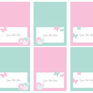 May include: Printable folded buffet cards with a pink and green colour scheme. Each card features a butterfly, floral design, and the text "Your Text Here".