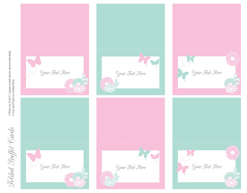 May include: Printable folded buffet cards with a pink and green colour scheme. Each card features a butterfly, floral design, and the text "Your Text Here".