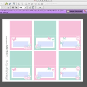 May include: Printable folded buffet cards featuring a butterfly design. The cards are pink and green with a light blue writing area. The text on the card reads "Folded Buffet Cards".