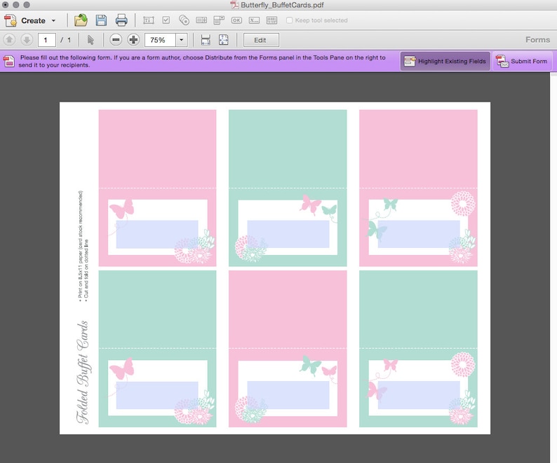 May include: Printable folded buffet cards featuring a butterfly design. The cards are pink and green with a light blue writing area. The text on the card reads "Folded Buffet Cards".