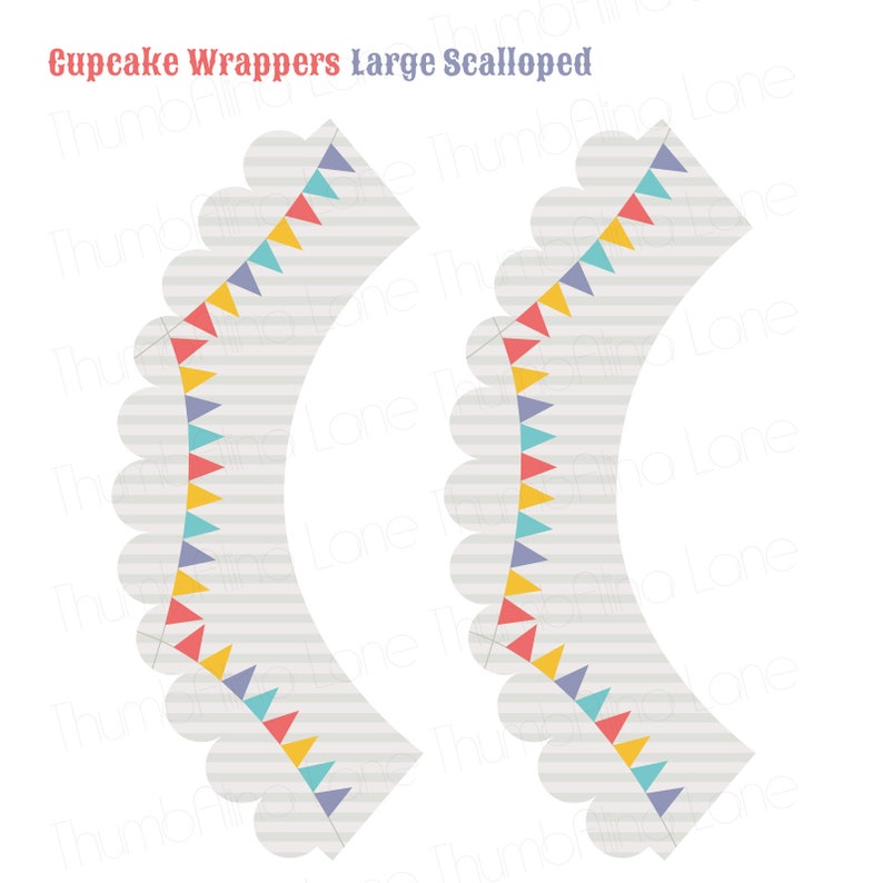 May include: Two printable cupcake wrappers with a scalloped edge and a striped background. The wrappers feature a string of colorful pennant flags.