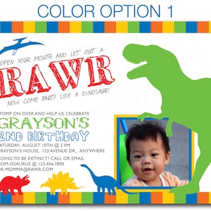 May include: A colorful dinosaur birthday invitation with a green dinosaur silhouette, a photo frame, and the text "RAWR! Now come party like a dinosaur!" and "Grayson's 2nd Birthday".