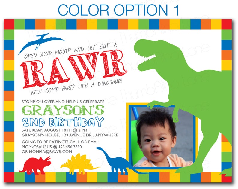 May include: A colorful dinosaur birthday invitation with a green dinosaur silhouette, a photo frame, and the text "RAWR! Now come party like a dinosaur!" and "Grayson's 2nd Birthday".