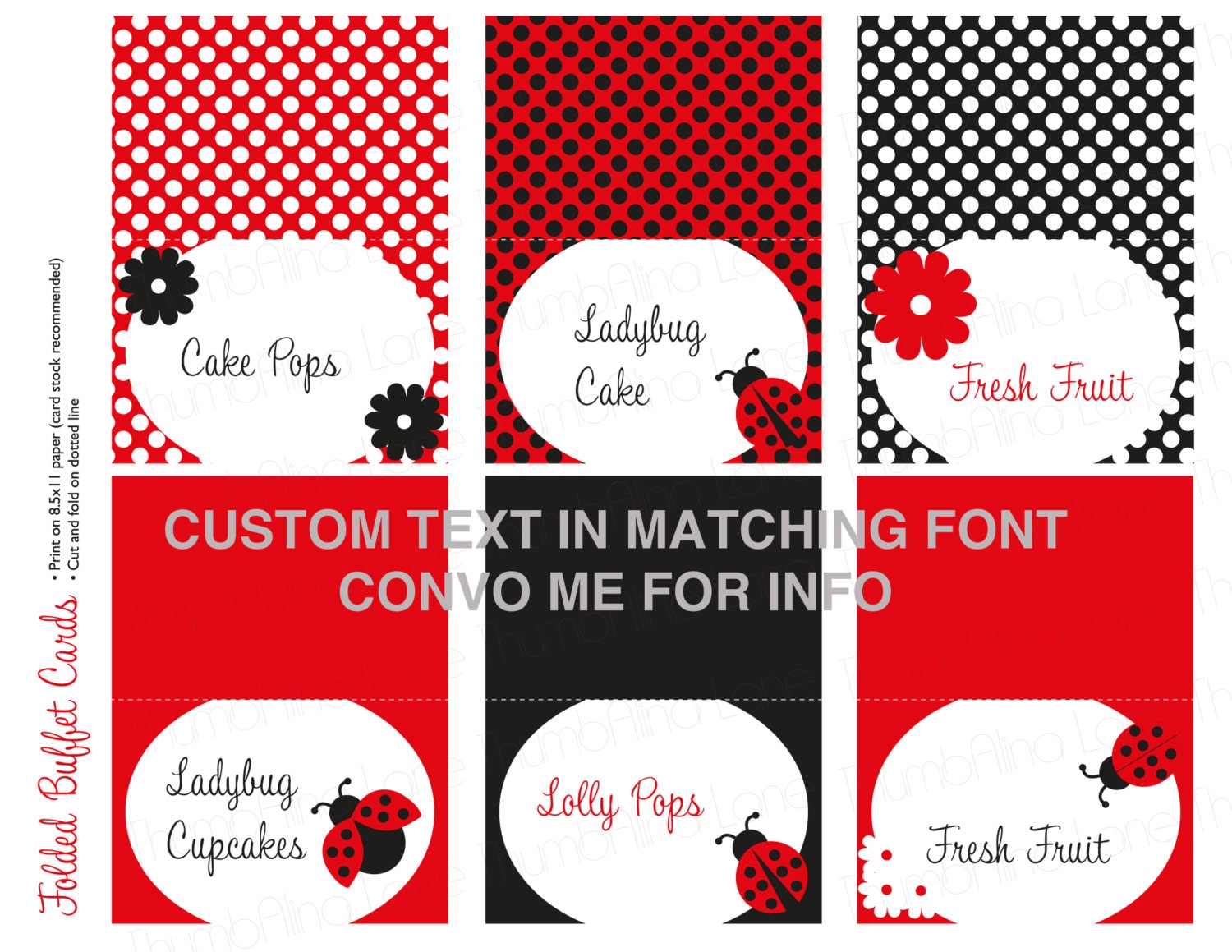 Ladybug Printable Folding Buffet Cards, Instant Download, Polka Dots ...