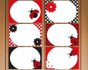 May include: Six printable ladybug themed gift tags with white oval frames and red and black polka dot backgrounds. Some tags feature a ladybug illustration and others feature a black flower.