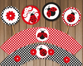 Ladybug Cupcake Toppers & Wrappers Printable Kit- Digital File, Printable, DIY