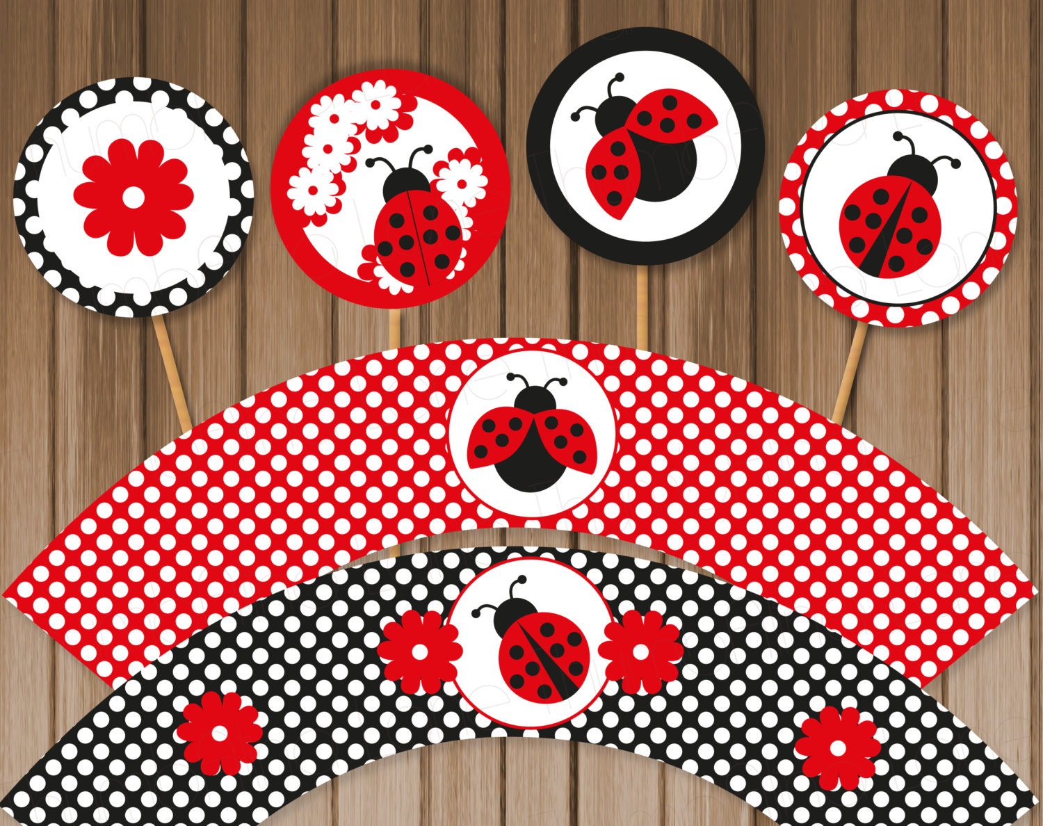 Ladybug Cupcake Toppers &amp; Wrappers Printable Kit Digital | Etsy