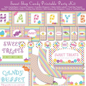 May include: Printable party kit for a candy-themed party. The kit includes table cards, cupcake toppers, cupcake wrappers, water bottle labels, treat bag toppers, banner, buffet/name cards, Hershey Kiss stickers, mini Hershey bar wrappers, and drink or toothpick flags. The design features a colorful candy theme with stripes, polka dots, and candy images.