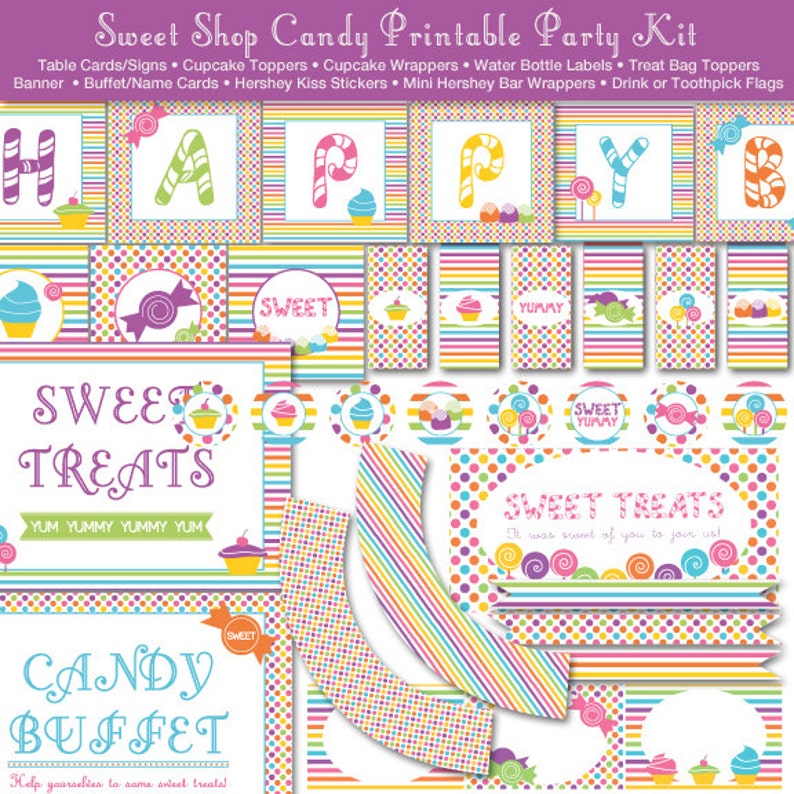 May include: Printable party kit for a candy-themed party. The kit includes table cards, cupcake toppers, cupcake wrappers, water bottle labels, treat bag toppers, banner, buffet/name cards, Hershey Kiss stickers, mini Hershey bar wrappers, and drink or toothpick flags. The design features a colorful candy theme with stripes, polka dots, and candy images.