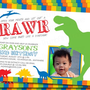 May include: A colorful dinosaur birthday invitation with a green dinosaur silhouette, a photo of a child, and the text "RAWR! Now come party like a dinosaur! Grayson's 2nd Birthday".