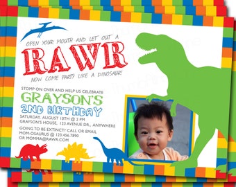 Dinosaur Printable Photo Invitation - Birthday Party - DIY - T-Rex, Printable Dinosaur Invitation - Rawr, Roar