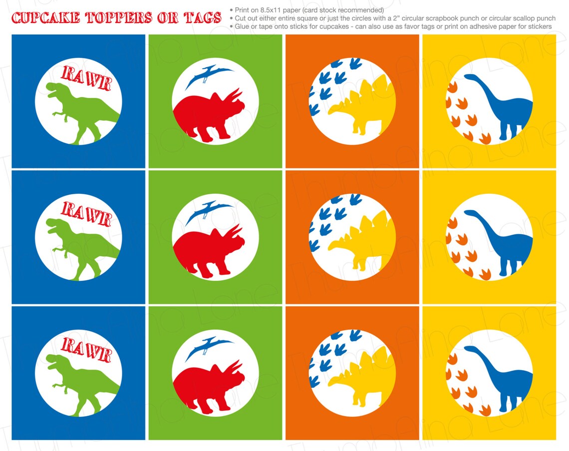 Dinosaur Printable Cupcake Toppers, Instant Download - Digital File