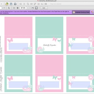 May include: Printable folded buffet cards with a pink and green butterfly design. The cards have a space for writing "Butterfly Cupcakes" and a blank space for writing the name of the food item.