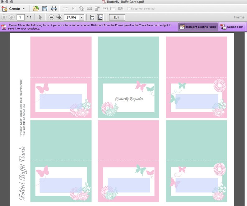 May include: Printable folded buffet cards with a pink and green butterfly design. The cards have a space for writing "Butterfly Cupcakes" and a blank space for writing the name of the food item.