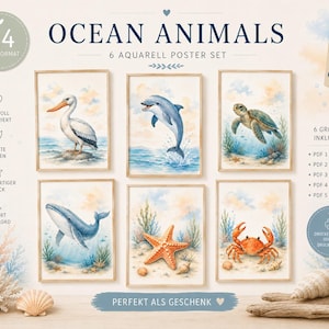 Könnte beinhalten: Ein Set aus sechs Aquarellpostern mit dem Titel OCEAN ANIMALS, die einen Pelikan, Delfin, eine Meeresschildkröte, einen Wal, Seestern und eine Krabbe zeigen. Die Drucke sind in hellen Holzrahmen mit Texten wie A4 und 6 AQUARELL POSTER SET dargestellt.