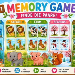 Könnte beinhalten: Ein 5-in-1 Memory-Spiel mit 60 Karten, unterteilt in fünf Themen: Ozean, Safari, Bauernhof, Jahreszeiten und Wald. Die Karten zeigen bunte Illustrationen von Tieren, Bäumen und Schneemännern. Die Verpackung enthält den Text 5-IN-1 MEMORY GAME, FINDE DIE PAARE!, 30 PAARE und 60 KARTEN.