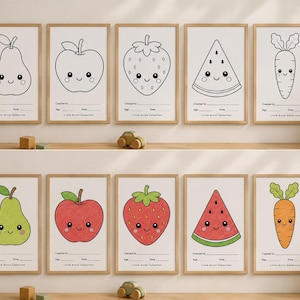 Könnte beinhalten: Zehn gerahmte Ausmalbilder mit niedlichen Obst- und Gemüseillustrationen. Die obere Reihe zeigt schwarz-weiße Strichzeichnungen einer Birne, eines Apfels, einer Erdbeere, einer Wassermelone und einer Karotte. Die untere Reihe zeigt dieselben Bilder farbig.