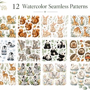 Könnte beinhalten: Eine digitale Sammlung von 12 nahtlosen Aquarellmustern mit Illustrationen von Löwen, Eichhörnchen, Kaninchen, Giraffen, Pinguinen, Koalas, Pandas, Igeln, Rehen, Zebras, Elefanten und Schwänen, mit dem Text 12 Watercolor Seamless Patterns.