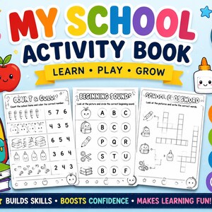 Könnte beinhalten: Ein buntes Aktivitätsbuch-Cover mit dem Titel MY SCHOOL ACTIVITY BOOK und dem Untertitel LEARN PLAY GROW. Es zeigt Illustrationen von Bleistift, Apfel, Globus, Kleber und Rucksack sowie drei Übungsseiten und Informations-Badges.