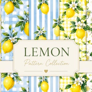 Lemon Digital Paper Bundle, Seamless Lemon Pattern, Citrus Scrapbook Paper, Printable Backgrounds, Summer PNG, 12x12 Paper