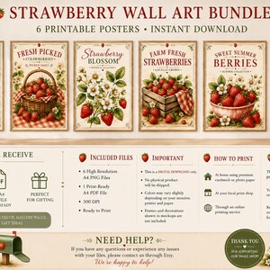 Strawberry Wall Art Bundle, Printable Kitchen Decor, Vintage Strawberry Prints, Farmhouse Wall Art, Cottagecore Poster Set
