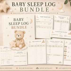 Könnte beinhalten: Ein Baby-Schlafprotokoll-Paket mit 11 druckbaren A4-PDF-Seiten in neutralem Design. Das Cover zeigt einen Teddybären mit einem Stern und den Text Baby Sleep Log Bundle. Enthält Tracker für Schlaf, Fütterung, Nickerchen und Meilensteine.