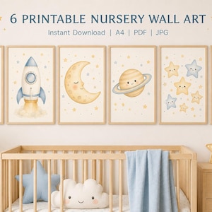 May include: Six printable nursery wall art prints featuring space-themed illustrations including a bear astronaut, a rocket ship, a crescent moon, Saturn, stars, and the text Dream BIG little one, available as A4 PDF and JPG digital files.