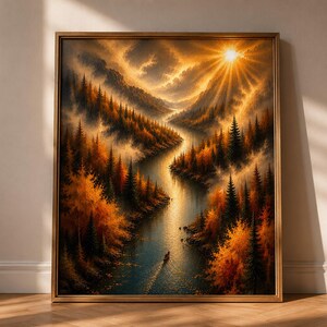 Könnte beinhalten: Ein gerahmter vertikaler Wandkunstdruck, der einen sich schlängelnden Fluss durch einen dichten Wald aus Herbstbäumen mit orangefarbenem und gelbem Laub zeigt. Eine helle Sonne scheint aus der oberen rechten Ecke und wirft Strahlen über das Tal.