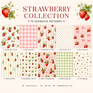 Strawberry Digital Paper, Seamless Pattern Bundle, Pink Scrapbook Paper, Cute Printable Paper, Junk Journal, PNG Background