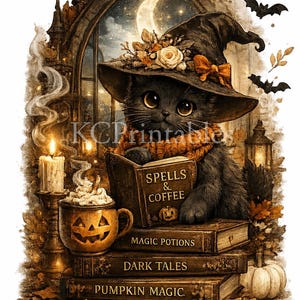 Könnte beinhalten: Ein schwarzes Kätzchen mit einem Hexenhut mit Blumen und einem orangefarbenen Schal liest ein Buch mit dem Titel Spells & Coffee. Das Kätzchen sitzt auf einem Stapel Bücher mit den Titeln Magic Potions, Dark Tales und Pumpkin Magic neben einer Kürbistasse.