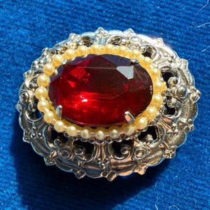 Vintage Coro Signed Ruby Red Brooch Pearl Faux Victorian Revival Silver Tone Filigree Pin Antique Style Jewelry Mothers Day Gift