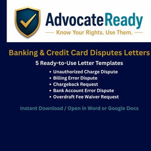 Banking Credit Card Dispute Letters | Unauthorized Charge | Chargeback Request | Bank Error Dispute | Instant Download