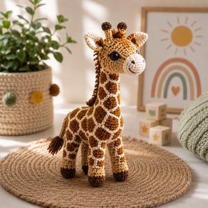 May include: A crocheted giraffe toy featuring a brown and cream-coloured patterned body, a long neck, small dark brown horns, and a tufted tail. The stuffed animal has large black eyes and a light-coloured muzzle, standing on four legs.