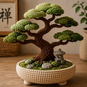 Peut inclure: Un bonsaï au crochet avec un tronc brun épais et un feuillage vert texturé, placé dans un pot rond au crochet de couleur crème. La base présente de petites pierres grises au crochet et une lanterne miniature en pierre grise sur un sol vert mousse.